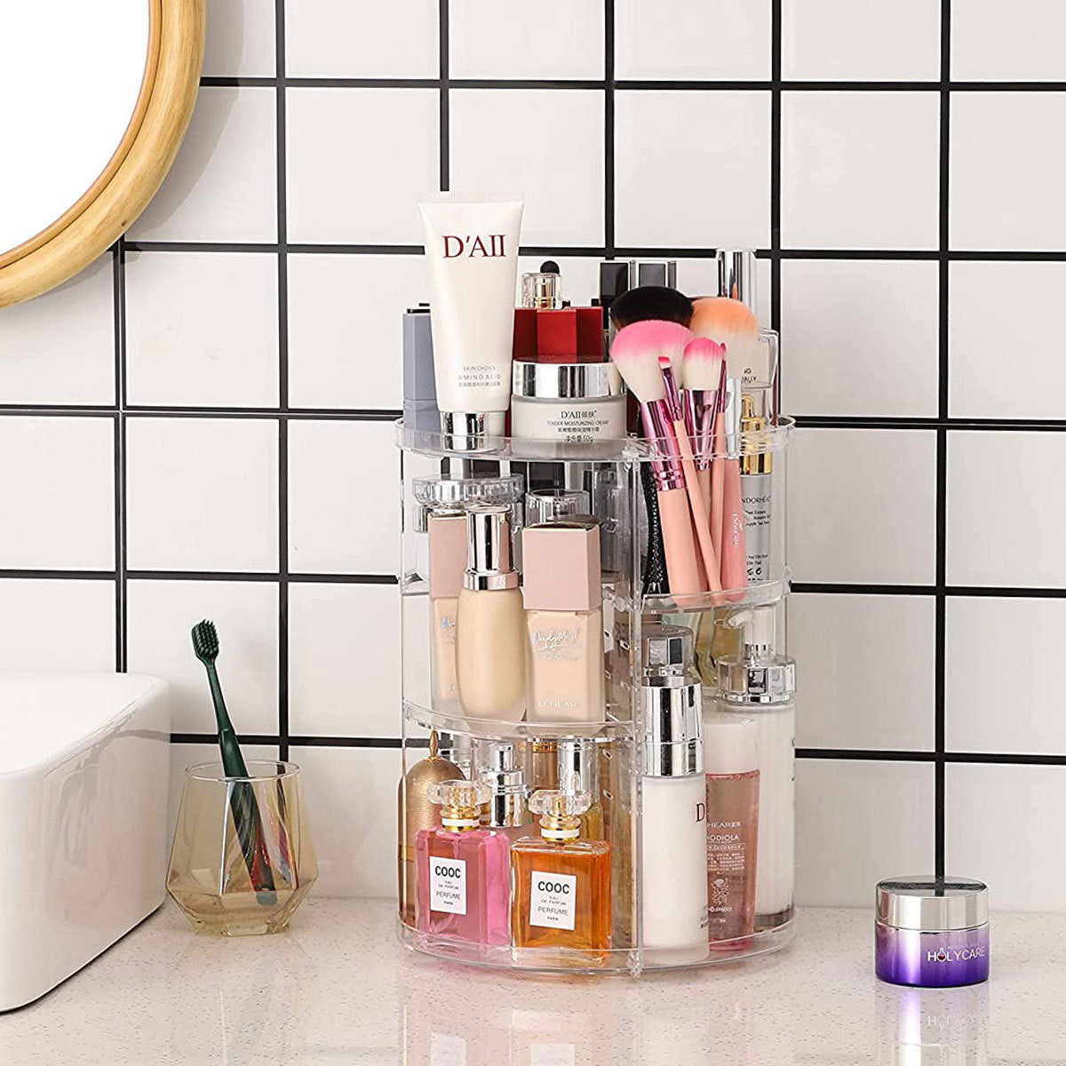 Beauty Makeup Table - 360-Degree Rotating Cosmetic Storage Rack (with