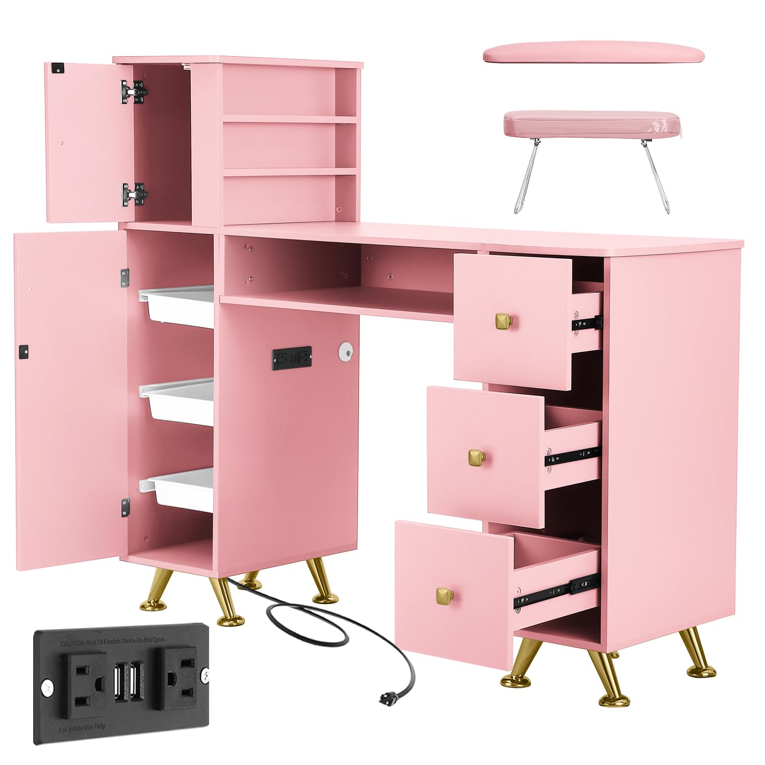 Beauty Makeup Table - Pink Nail Table for Nail Tech,