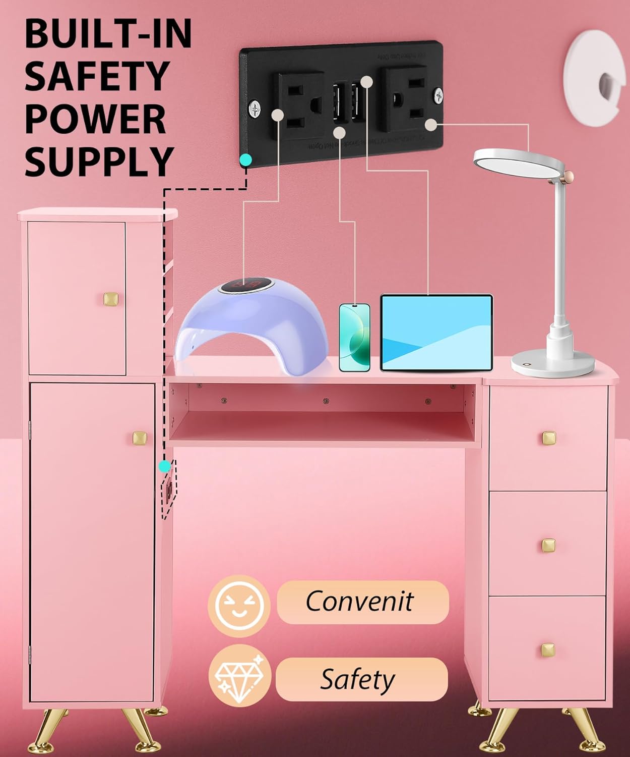 Pink Nail Table for Nail Tech, - đánh giá và giá Beauty Makeup Table