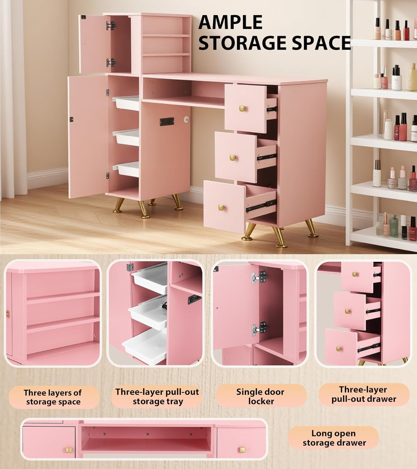 Pink Nail Table for Nail Tech, - đánh giá và giá Beauty Makeup Table